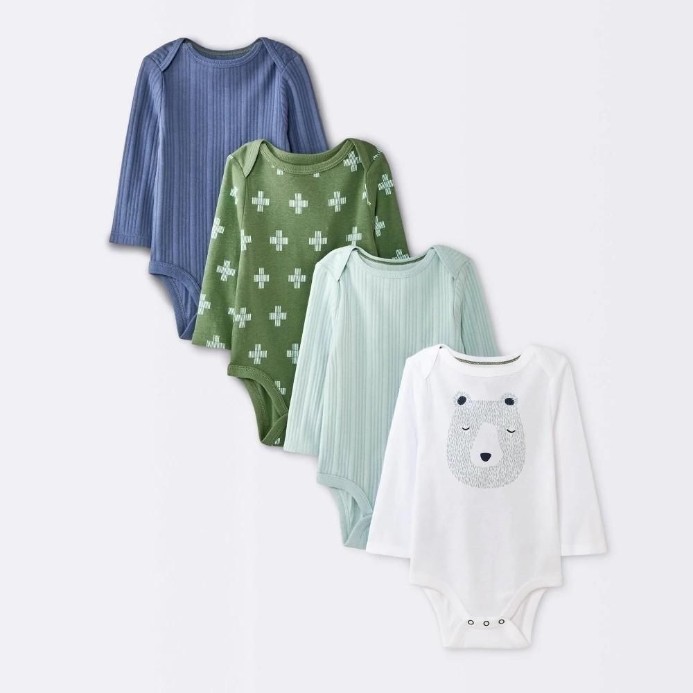 Baby Boys' 4pk Bear Long Sleeve Bodysuits - Cloud Island™ Ivory/Blue/Green 0-3M